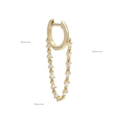 Delicate Natural Diamond Hoop with Diamond Tennis Wrap Chain Earring 14k Gold - Picture 3 of 7