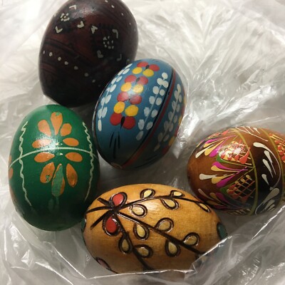 5 PCS Vintage Hand Painted Wood Easter Eggs ~ 2.25''H x 1.75''W