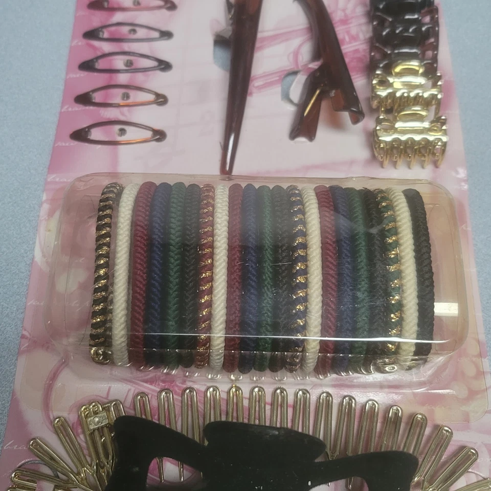 Vintage Scunci 40 Piece Hair Accessory Kit Set NIP NOS Bands Jaw Clip Black Gold - Image 3 of 4