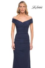 La Femme - Navy Blue Ruched Off the Shoulder Jersey Column Gown Size 18 $348
