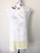 WITCHERY Womens Cotton Linen White Yellow Stripe Tassel Cheesecloth Top Size M