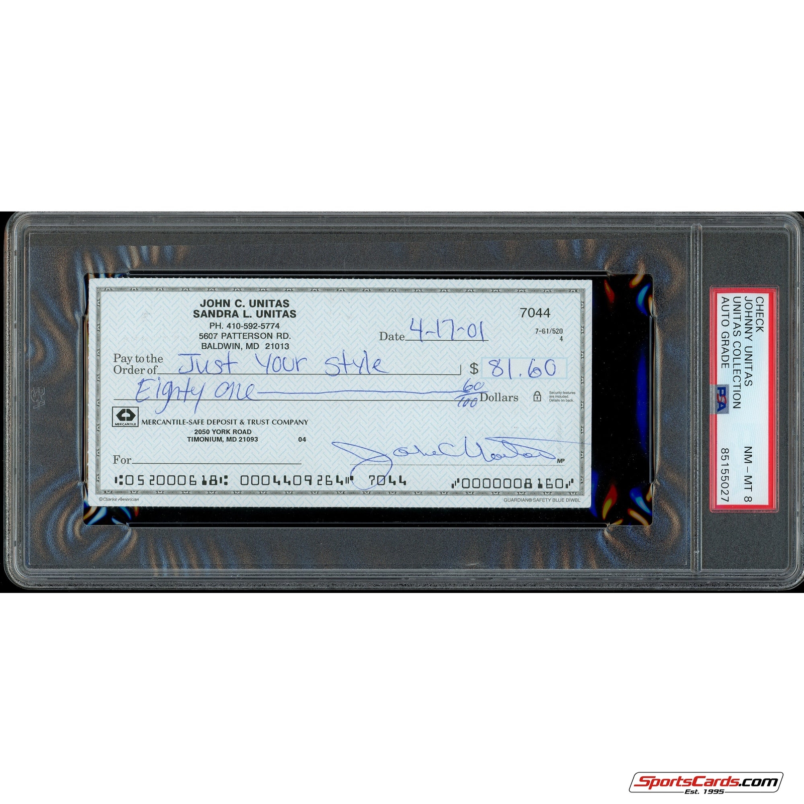Johnny Unitas Signed Autographed Personal Check PSA DNA NM-MT 8
