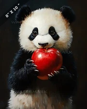 8x10 Matte Print Panda with Red Apple Oil Painting