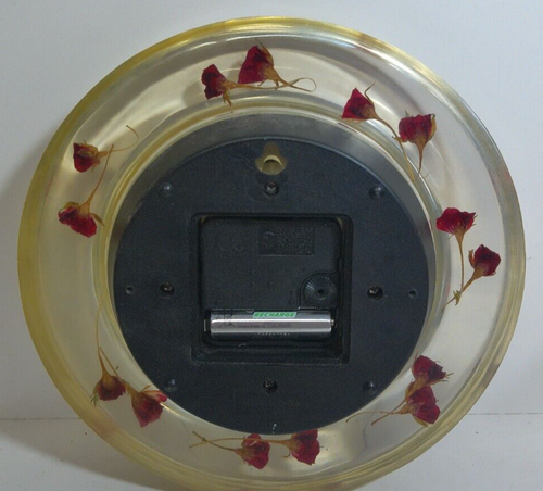 Vintage PasTyme 8" Lucite Clear Clock w/Pressed Red Roses Flowers - Works 8" - Picture 3 of 4