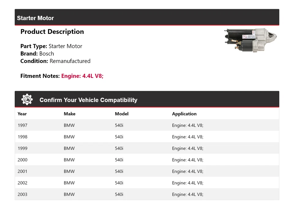 Para BMW 540i 1997-2003 4,4 L V8 Bosch Arranque (Remanufacturado) 1998 1999 2000 Foto 2 de 4