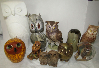 10ct LOT OF OWL STATUES & FIGURES STONE GLASS BRASS & CERAMIC SOME SMALL CHIPS