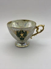 ROYAL SEALY Tea Cup Pansy Gold Gilt Footed Japan Teacup Green Iridescent Mint