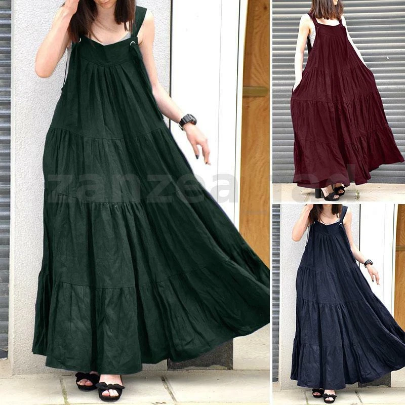 Women Summer Strap Dungaree Maxi Dress Layered Flare Swing Pinafore Long  Dresses | eBay