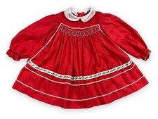 Vtg Polly Flinders Baby Girl s Red Embroidered Hand Smocked Dress Ribbon 24 Mo