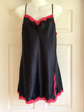 Vintage Y2K Victoria's Secret Black Satin Red Lace Mini Slip Dress Medium