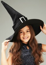 Kids Deluxe Black Velvet Witch Hat Childrens Size Halloween Fancy Dress Wicked
