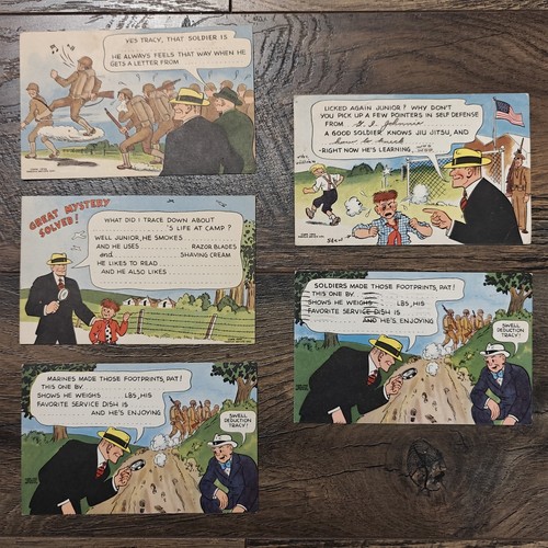Set of 5 WW II Military Dick Tracy Post Cards - 3 Unused, 2 Used