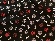 New Black Cotton 31" X 36 Fabric w/ white and red dog prints and bones