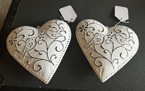 Pretty White Metal Hearts Hanging Ornaments. Bird Design. 6” Tall, 6” Wide - Picture 1 of 3