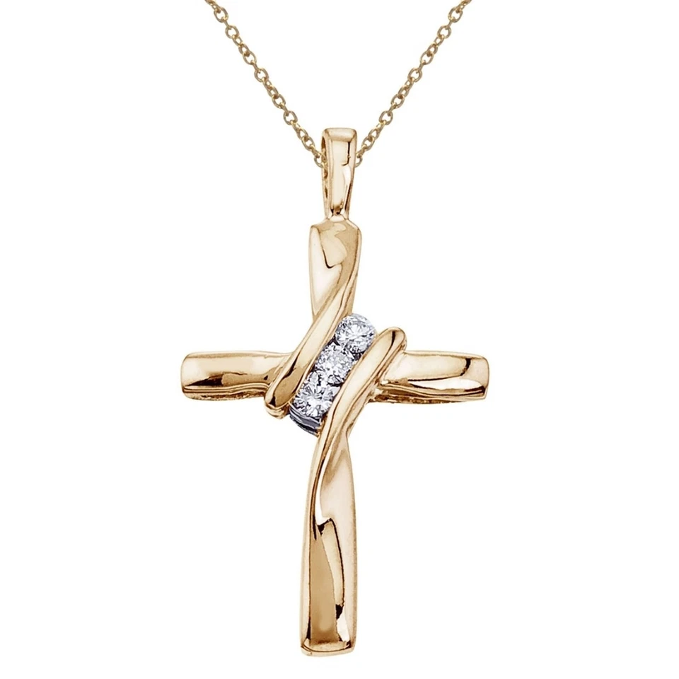 Three Stone Real Diamond Cross Pendant 10K Yellow Gold Necklace 19mm tall