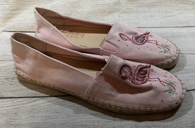Quacker Factory Pink Canvas Slip On Espadrille Shoes w Sequined Flamingo 10M GOH
