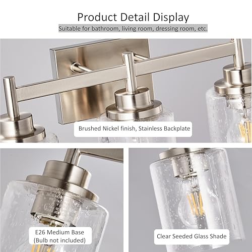 Vanity Light Fixture, 18" 3-Light | Seeded Glass 18 Inch 3-Light Brushed Nickel - Picture 6 of 7