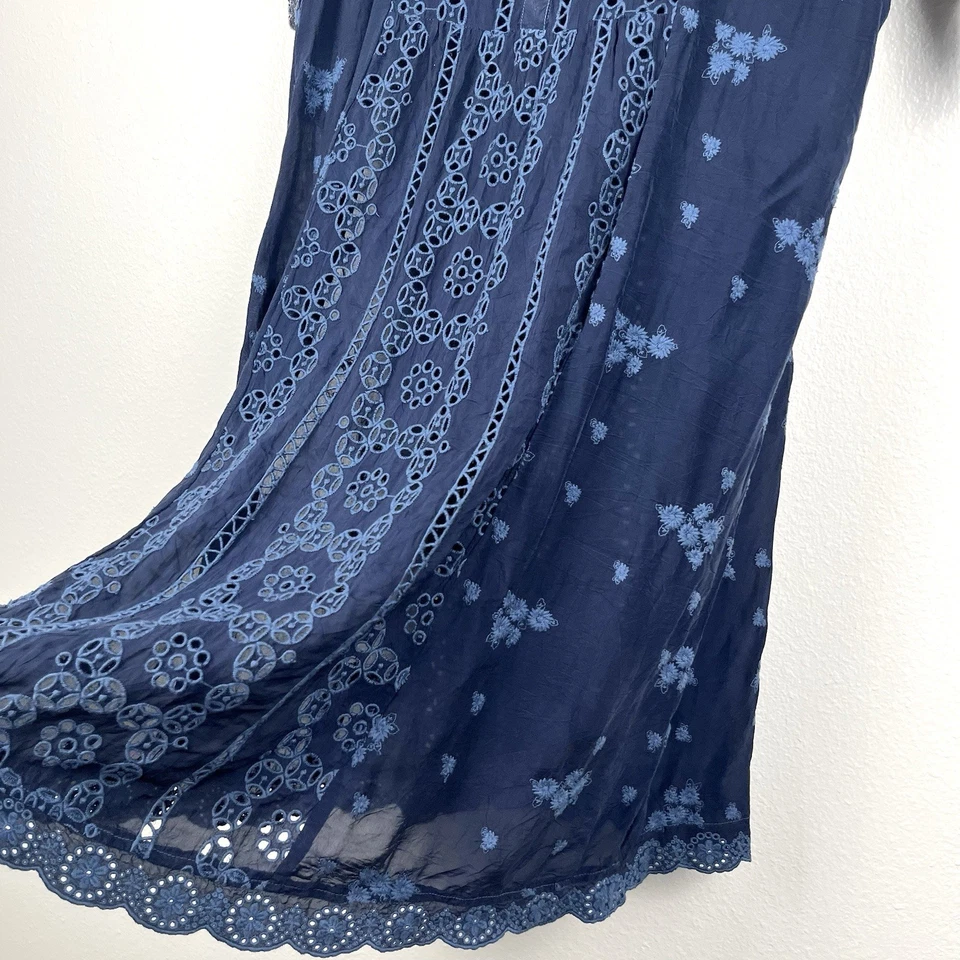 Vestido recto Johnny Was azul bordado ojales manga corta Riza mediano Foto 4 de 4