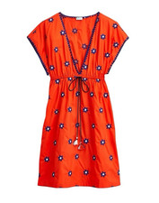 J Crew Red 100% Cotton Poplin Beach Tunic with Blue Embroidered Daisies Medium