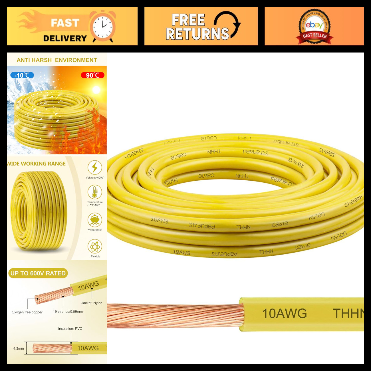 10 AWG 10 Gauge Stranded Copper THHN Electrical Wire, 100 FT, Yellow Insulated C