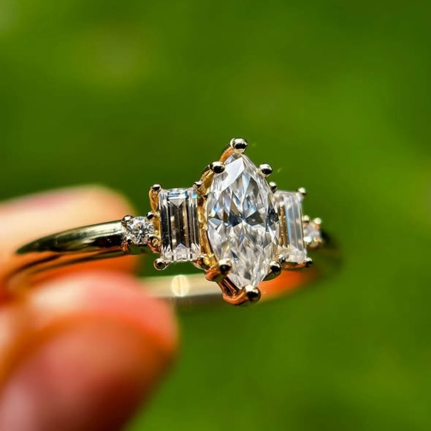 2.50 CTMarquise Cut Three Stone Moissanite Side Baguet 14K Yellow Gold Plated