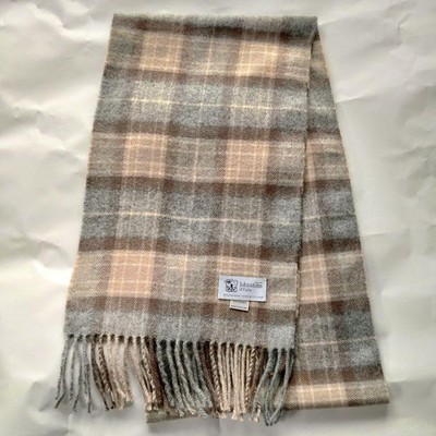 Johnstons of Elgin 100% Cashmere Check Scarf Light Gray Mocha Brown