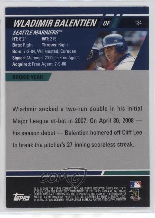2008 Topps Stadium Club Retail First Day Issue Wladimir Balentien (Sliding) #134 - Image 2 of 2