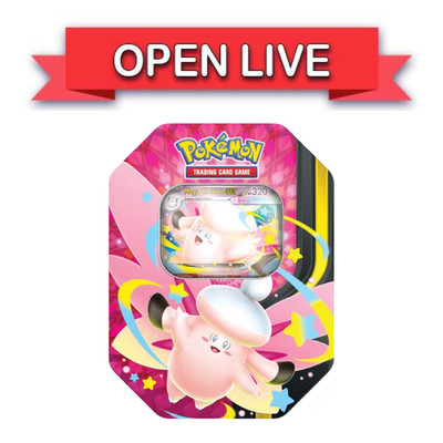 Open Live Mega Moonlit Mega Clefable Tin English Pokemon Trading Card Game