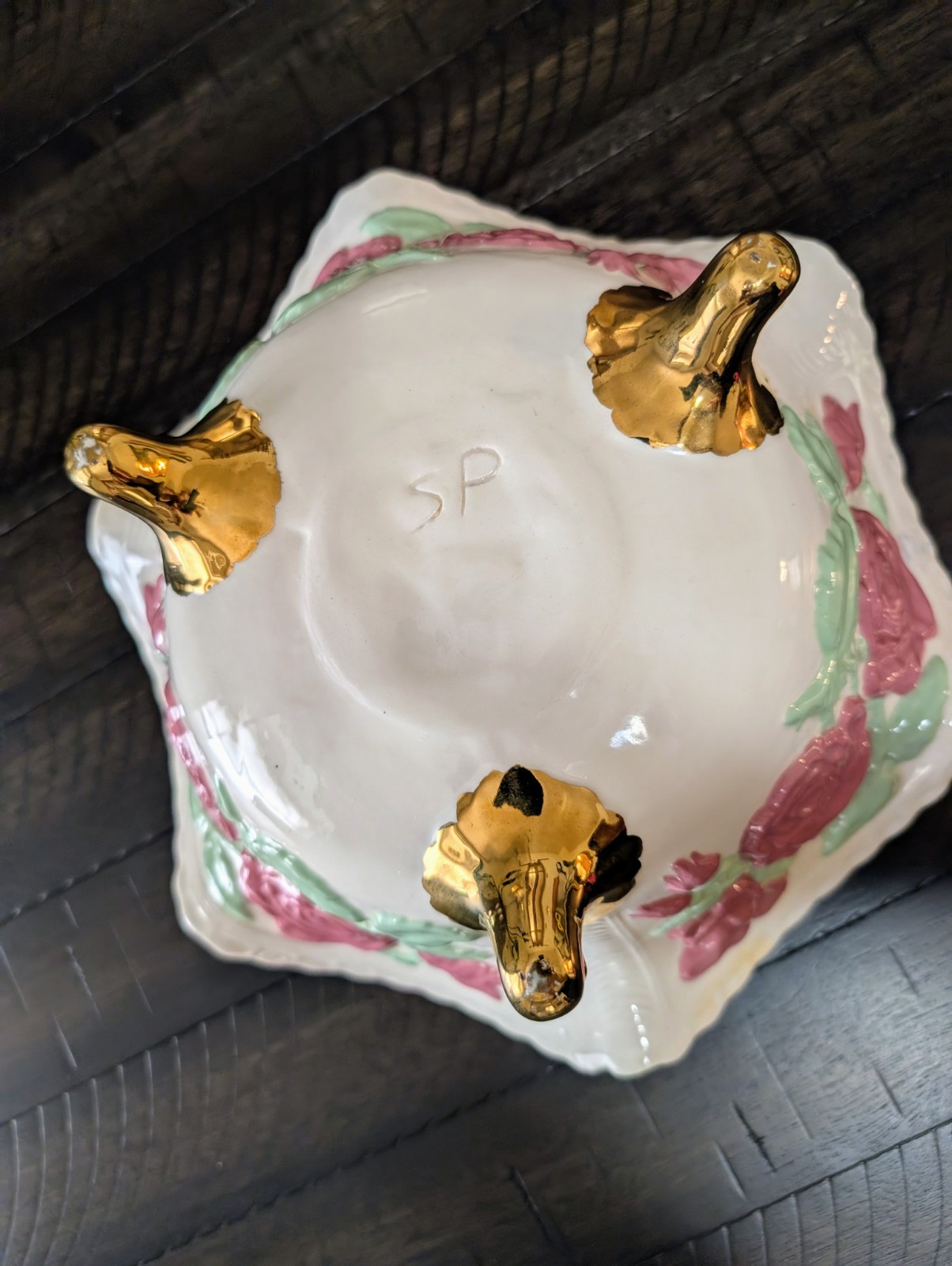 Vg Hand Made & Painted Ceramic Footed Candy Dish Roses White Pink Green 10"