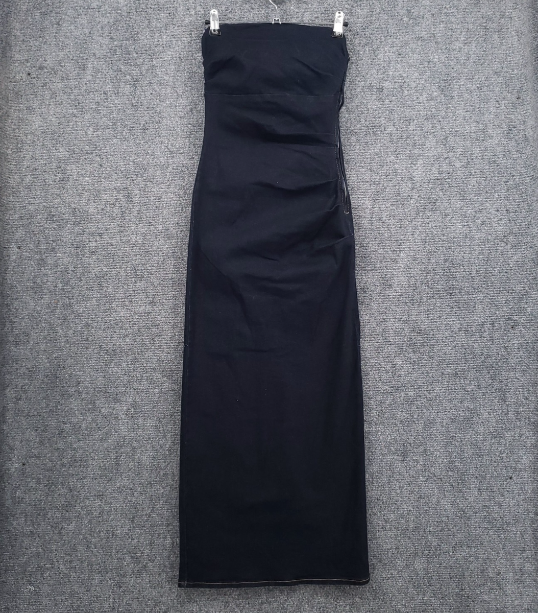 Zara Bodycon Maxi Dress Womens XS Blue Strapless Ruched Zip Side Denim