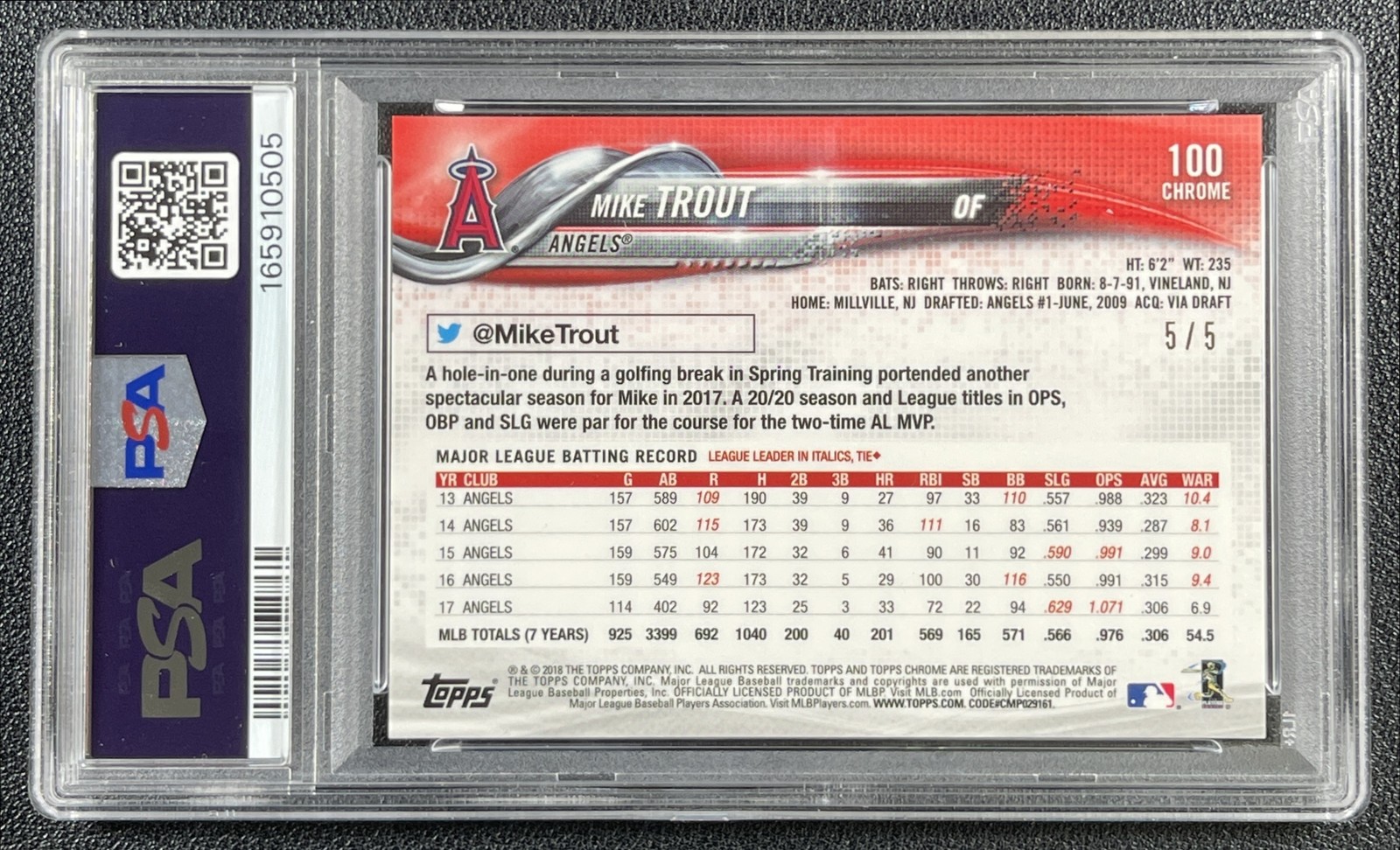MIKE TROUT PSA 10 2018 TOPPS CHROME #100 RED REFRACTOR 5/5 ANGELS view 2