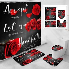 4 Pcs Red Rose Shower Curtain Sets with Non-Slip Rug, Toilet Lid Cover and Ba...