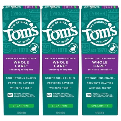 Tom's of Maine Whole Care Natural Toothpaste 4 Ounce (Pack 3), Spearmint 