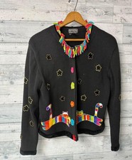 Berek 2 Cardigan Sweater Top Black Cats Flowers Women's Size L