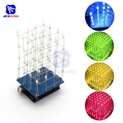 DIY Kit 74HC595 3D LED Electronic Light 4X4X4 LED Blue/Green/Red/Yellow 64 Cuboi