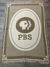RARE PBS Public Broadcasting Service Woven Tapestry Fringe Edge White/Sand 66x44