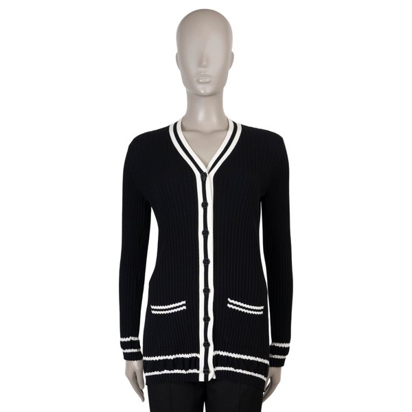 74056 authentisch CHANEL schwarz weiß Baumwolle 19P KONTRASTBESATZ Cardigan Pullover 36 XS