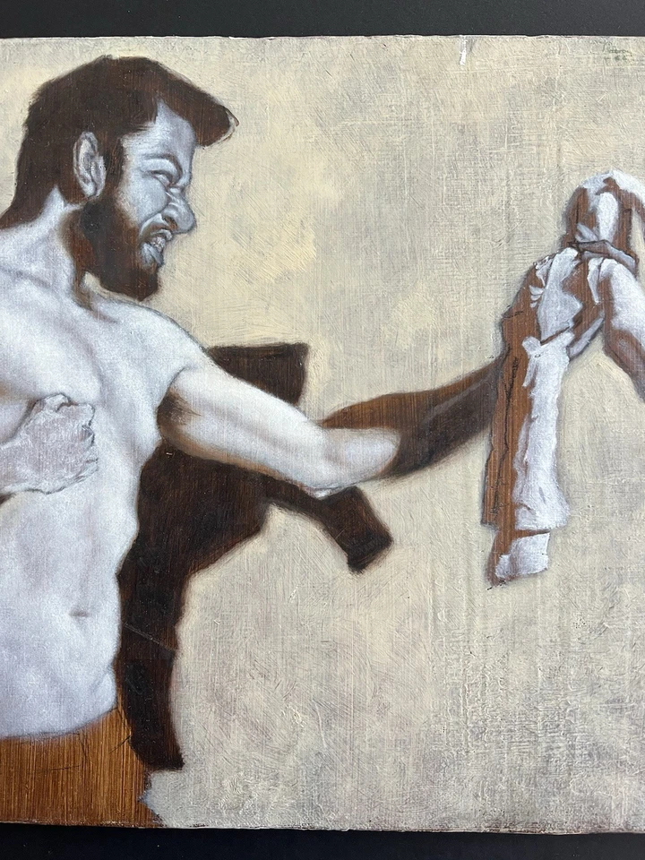 Perspectiva modernista figurativa de un luchador y una marioneta pintura al óleo original Foto 3 de 4