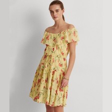 Lauren Ralph Lauren Women Yellow Floral Ruffled Off the Shoulder Dress Size 10