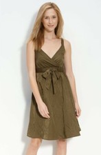 Eileen Fisher Olive Satin Faux Wrap Sundress Metallic Sheen Womens Size 6