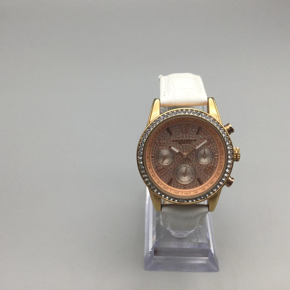 Akribos XXIV Watch Women 36mm Rose Gold Tone Day Date Bling Leather New Battery - Image 2 of 4