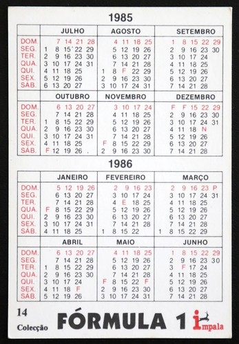 Calendario de bolsillo portugués F1 1985 #14 - Ferrari Michele Alboreto - Imagen 2 de 2