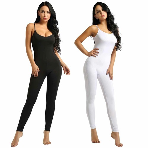 Women Spaghetti Straps Tank Bodycon Yoga Gym Bodysuit One Piece Jumpsuit Catsuit - Picture 1 of 25