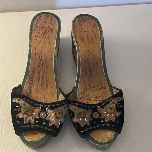 Vintage Wedge Platform Sandals WWll Era Hand Carved Painted Shoes 7.5