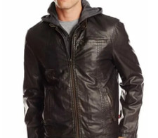 Giacca in pelle marrone scuro da uomo fatta a mano, giacca in pelle con cappuccio da uomo