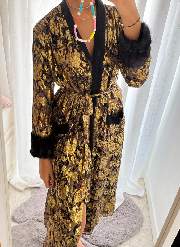 ZARA GOLD SILKY SHINY SHIMMERY JACQUARD KIMONO DRESS FUR ZARA GOLD SILKY SHINY SHIMMERY JACQUARD KIMONO DRESS FUR