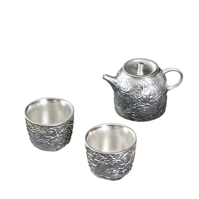 999 silver-gilt teapot, one pot and two cups, handmade silver-gilt tea set