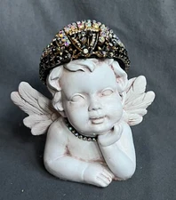 #300 ASSEMBLAGE ART Crowned Cherub Angel Jeweled Ornate UPCYCLED