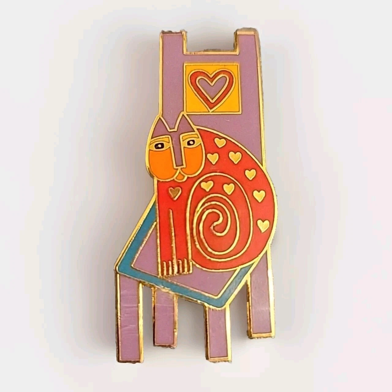 Vintage Signed Laurel Burch “Cat On Chair” Brooch Pin, Red Cat On Purple Chair