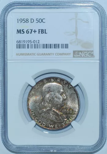 1958 D NGC MS67+FBL Full Bell Lines Franklin Half Dollar Mint Set Toned